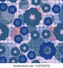 Seamless floral pattern including round elements. There is a background of rhombuses inside the squares.