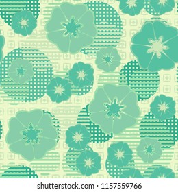 Seamless floral pattern including round elements. There is a background of rhombuses inside the squares.