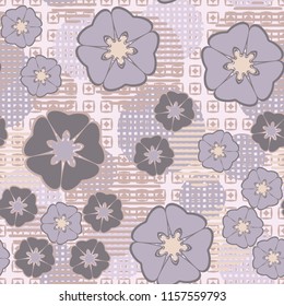 Seamless floral pattern including round elements. There is a background of rhombuses inside the squares.