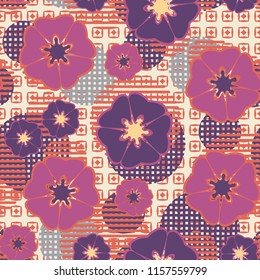 Seamless floral pattern including round elements. There is a background of rhombuses inside the squares.