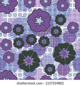 Seamless floral pattern including round elements. There is a background of rhombuses inside the squares.