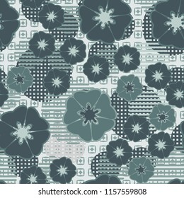 Seamless floral pattern including round elements. There is a background of rhombuses inside the squares.