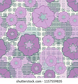 Seamless floral pattern including round elements. There is a background of rhombuses inside the squares.