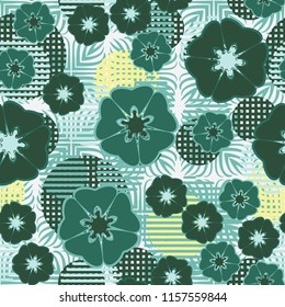 Seamless floral pattern including round elements. There is a background of square plant elements.