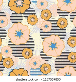 Seamless floral pattern including round elements. There is a background of square plant elements.