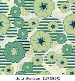 Seamless floral pattern including round elements. There is a background of the square suns.