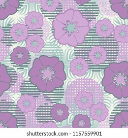 Seamless floral pattern including round elements. There is a background of square plant elements.