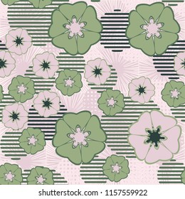 Seamless floral pattern including round elements. There is a background of the square suns.