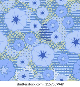 Seamless floral pattern including round elements. There is a background of squares that consist of their arcs.