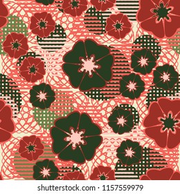 Seamless floral pattern including round elements. There is a background of squares that consist of their arcs.
