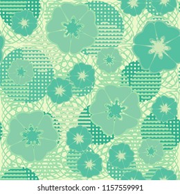 Seamless floral pattern including round elements. There is a background of squares that consist of their arcs.