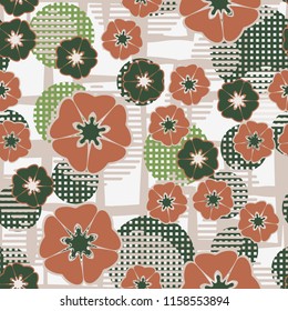 Seamless floral pattern including round elements.There is a background of angular lines of uneven thickness.
