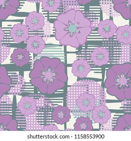 Seamless floral pattern including round elements.There is a background of angular lines of uneven thickness.