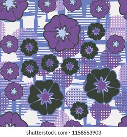 Seamless floral pattern including round elements.There is a background of angular lines of uneven thickness.