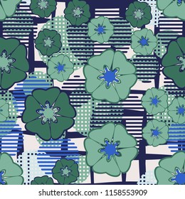 Seamless floral pattern including round elements.There is a background of angular lines of uneven thickness.