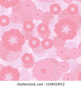 Seamless floral pattern including round elements. There is a rhomboid-waffle background.