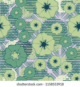 Seamless floral pattern including round elements. There is a rhomboid-waffle background.