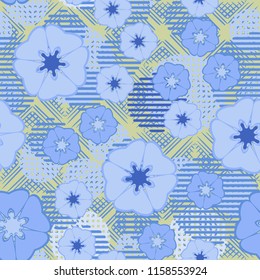 Seamless floral pattern including round elements. There is a rhomboid-waffle background.