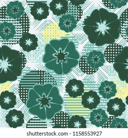 Seamless floral pattern including round elements. There is a rhomboid-waffle background.