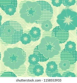 Seamless floral pattern including round elements. There is a rhomboid-waffle background.