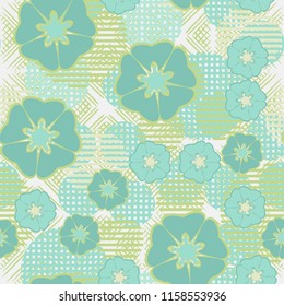 Seamless floral pattern including round elements. There is a rhomboid-waffle background.