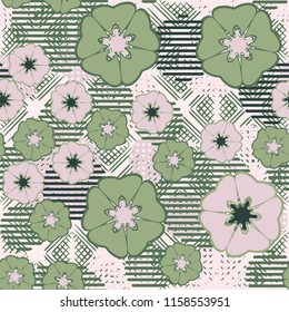 Seamless floral pattern including round elements. There is a rhomboid-waffle background.