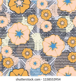 Seamless floral pattern including round elements. There is a rhomboid-waffle background.