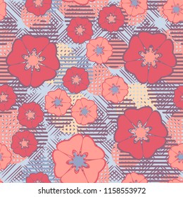 Seamless floral pattern including round elements. There is a rhomboid-waffle background.