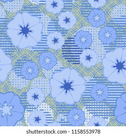 Seamless floral pattern including round elements. There is a background of four-pointed stars.