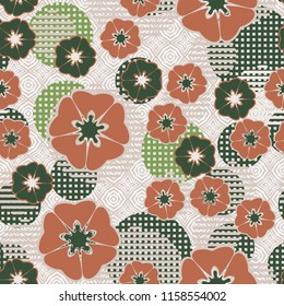 Seamless floral pattern including round elements. There is a background of four-pointed stars.