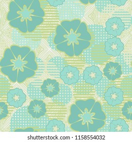 Seamless floral pattern including round elements. There is a background of parquet drawing.