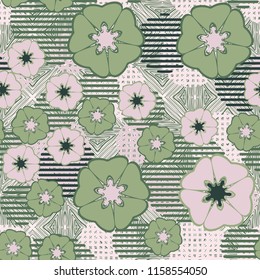 Seamless floral pattern including round elements. There is a background of parquet drawing.