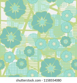 Seamless floral pattern including round elements. There is a background of a skew-line grid.