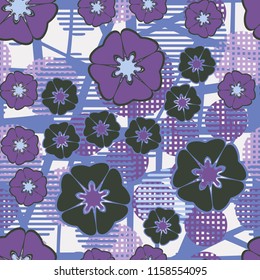 Seamless floral pattern including round elements. There is a background of a skew-line grid.