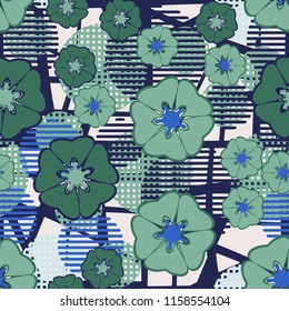Seamless floral pattern including round elements. There is a background of a skew-line grid.