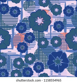 Seamless floral pattern including round elements.There is a background of angular lines of uneven thickness.