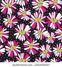 Seamless floral pattern with ink drawn flowers. Bright summer texture with colorful flowers. Botanical artistic vector background