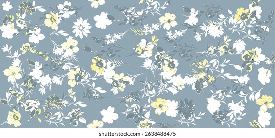 Seamless floral pattern inspired by spring and summer blooms. Featuring vibrant flowers, soft leaves, and elegant botanical elements in a continuous repeat design. Ideal for fabric prints, wallpapers.