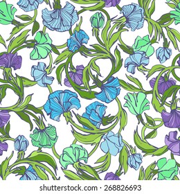 Seamless floral pattern. Intertwined shoots and stems with flowers and petals. Spring beautiful elegant pattern.  Can be used for curtains, wallpaper, pattern fills, web page background, surface
