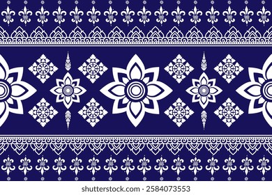 A seamless floral pattern with intricate geometric shapes and decorative elements in white on deep blue background, creating traditional and elegant design