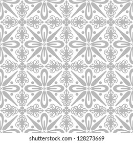 Seamless floral pattern with intricate swirls and geometric accents in light gray