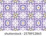 seamless floral pattern with intricate symmetrical details. The design features ornate flowers and swirling leaves in shades of purple, green, and white, set against a soft lavender background.