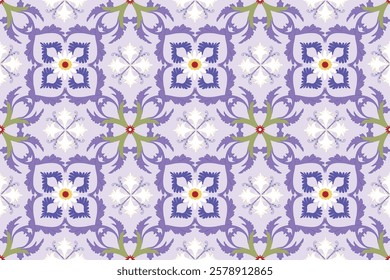 seamless floral pattern with intricate symmetrical details. The design features ornate flowers and swirling leaves in shades of purple, green, and white, set against a soft lavender background.