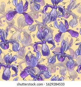 Seamless floral pattern of iris flowers.  Repeating flower vector background of violet irises and elements for fashion, textile, cover, wallpaper, backdrop, card, package, wrapping design. 