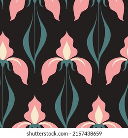 Seamless floral pattern with irises in art deco style. Elegant botanical print with iris flowers and leaves on a black background. Retro illustration in modern trendy colors. Vector.