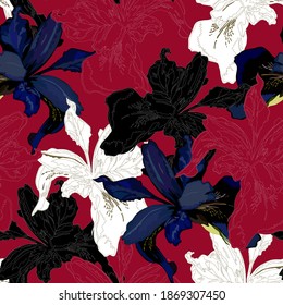 Patrón floral sin foco con flores de iris.Textura vectorial de fondo abstracta.