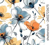 Seamless floral pattern with isolated abstract hand drawn art spring flowers and leaf background elements in yellow, orange, blue and black color. Colorful flower garden wallpaper design vector