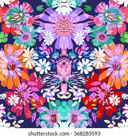 Seamless floral pattern. Isolated colorful flowers on blue background. Vector illustration.