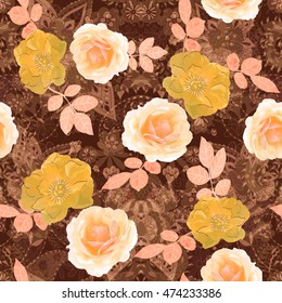 Seamless floral pattern. Isolated hand drawn roses with leaves on beige background.