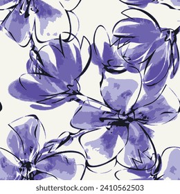 Seamless floral pattern with isolated watercolor textured flower and leaf wallpaper background elements in purple and black